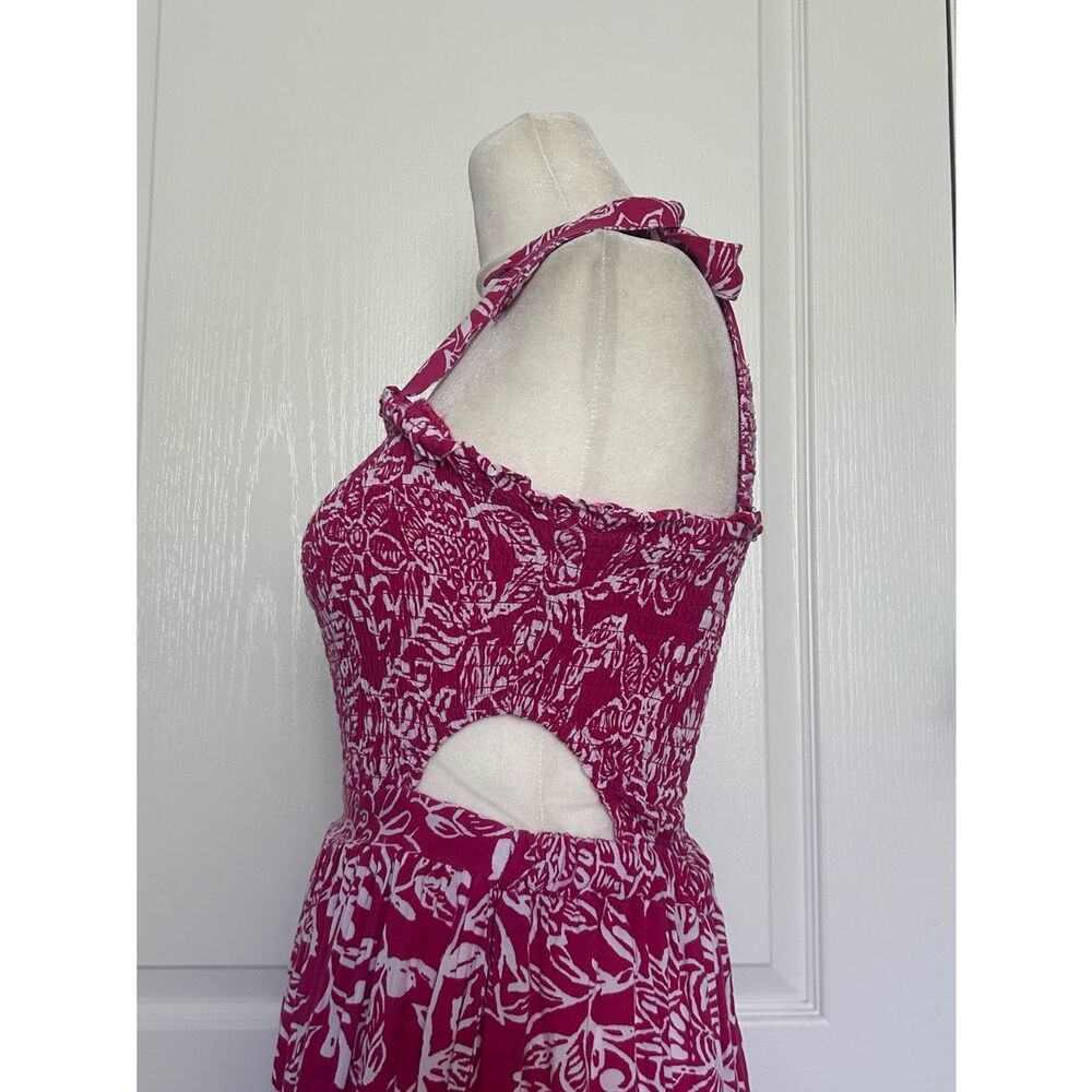Vibrant Pink Floral Tie-Shoulder Boho Tropical Maxi Dress Side Cut Outs Rayon - Picture 7 of 12